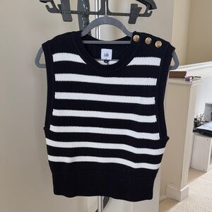 CAbi Topsail Vest - Navy and White Striped Sleeveless Top with Gold Buttons